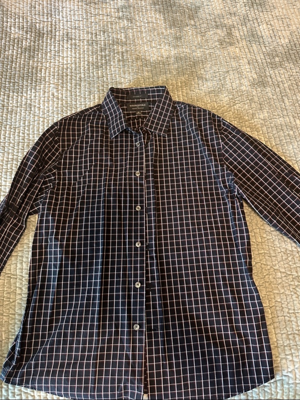 Banana Republic Black Dress Shirt with White & Red Windowpane